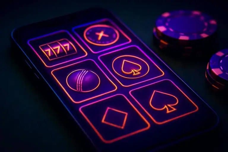Phone screen with a grid of game tiles: slot reels, a roulette wheel and a cricket ball
