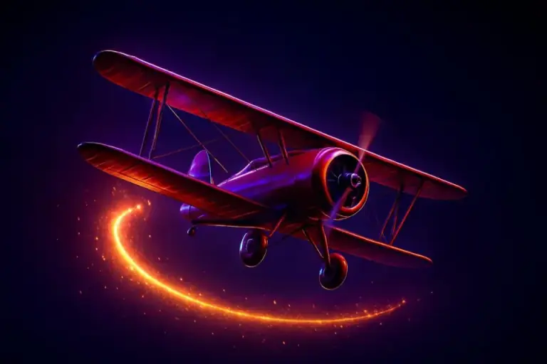 Aviator game card: a red plane against a dark sky with a rising line beneath it