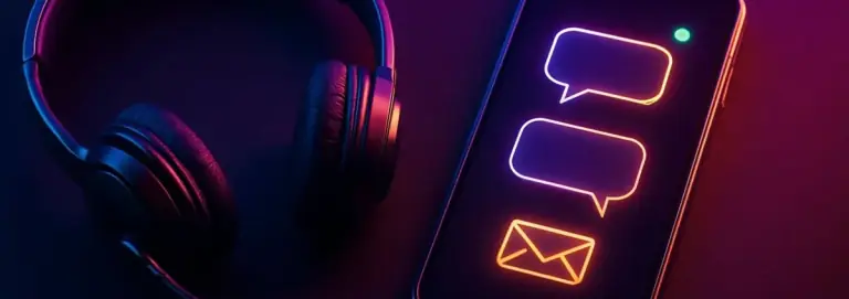 Support banner with a headset, a phone with message bubbles and an envelope icon