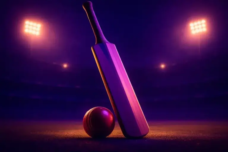 Cricket under floodlights at night, the pitch lit and the stands in the haze