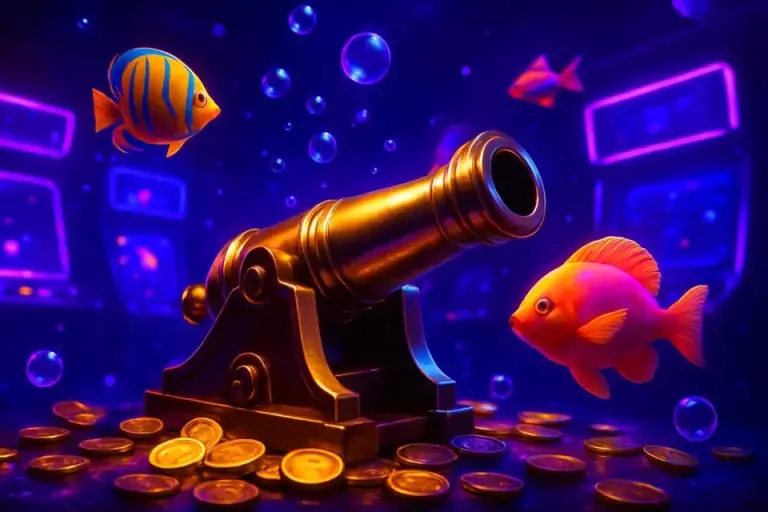 Underwater arcade scene with a golden cannon aimed at bright tropical fish