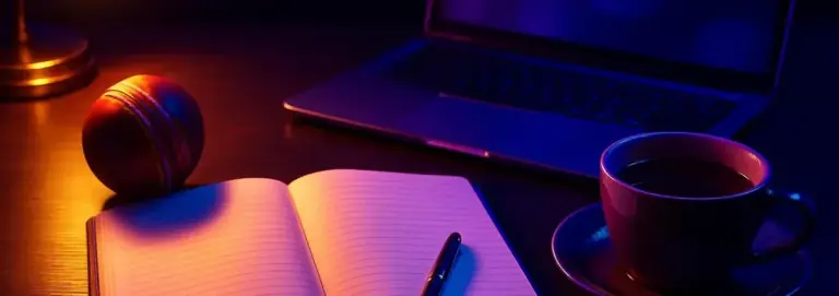 Writing desk under lamp light with a notebook, a pen and a laptop