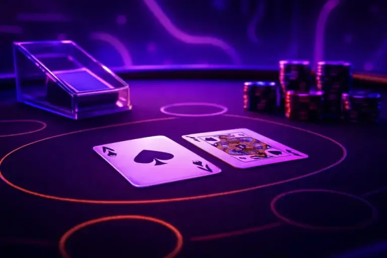 Live table game setup: cards, a shoe and chips on green felt