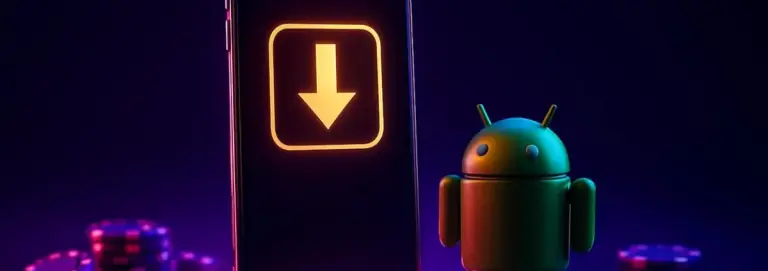 Mobile phone displaying a download arrow beside a small Android robot and casino chips