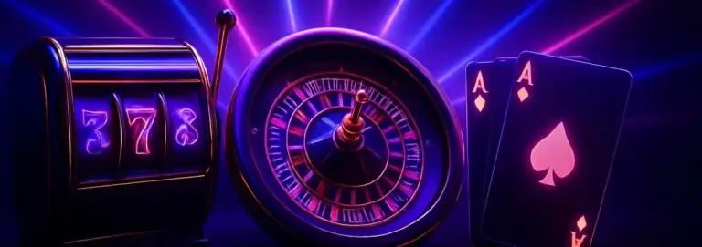 Slot machine, roulette wheel and fanned playing cards side by side on dark velvet