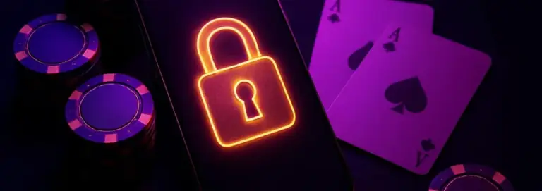 Phone with a glowing sign-in screen and a padlock icon on dark velvet beside casino chips