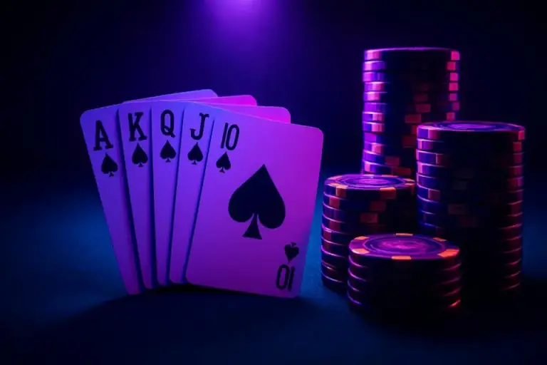 Close-up of cards and chips on a felt table for card games