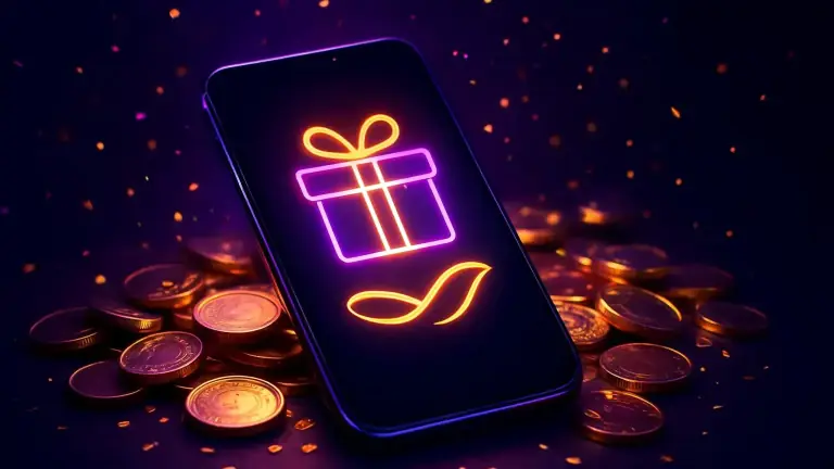 Gift box icon on a mobile screen surrounded by gold coins