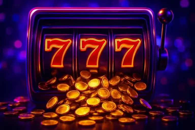 Golden slot reels landing on lucky sevens as coins pour out