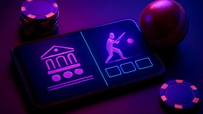 BGD99 guide illustration: phone showing casino and cricket betting tiles, a cricket ball and chips beside it